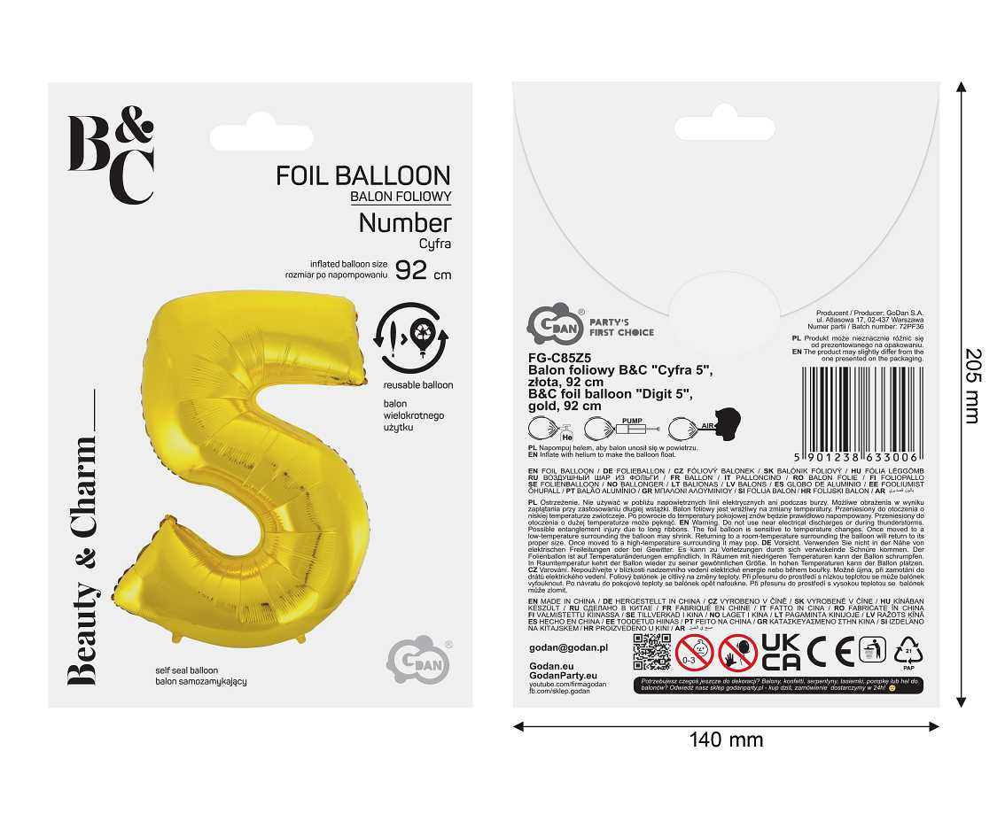 Foil balloon B&C digit 5, gold, 92 cm